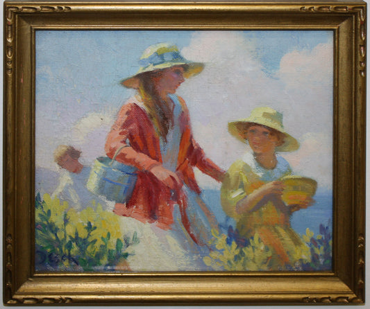 Mother and Daughter with Baskets of Blueberries, vintage artwork by Frank H. Desch, 12x8" (A4) Poster