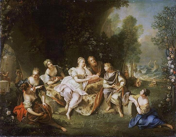 Telemachus Telling his Story to Calypso, vintage artwork by Jean Raoux, 12x8" (A4) Poster