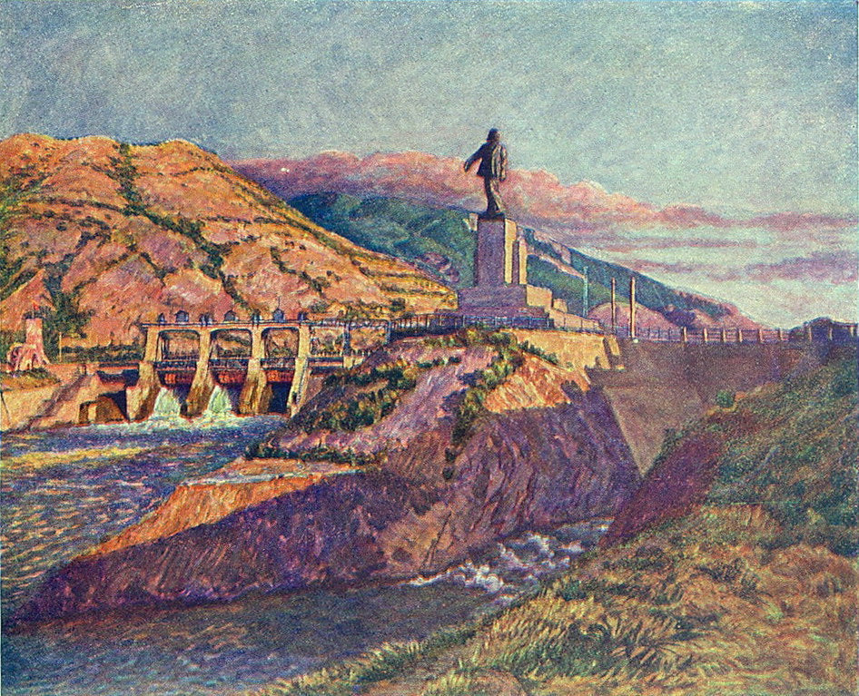 Hydroelectric Power Plant and a Statue of Lenin, vintage artwork by Ilya Mashkov, 12x8" (A4) Poster