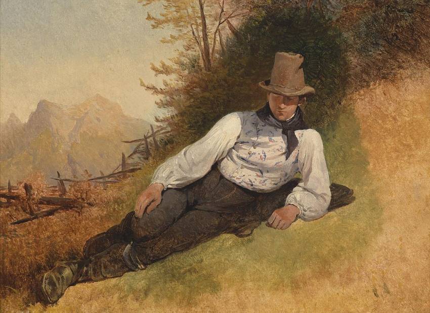 Farming Lad Lying in a Meadow, vintage artwork by Friedrich Gauermann, A3 (16x12") Poster Print