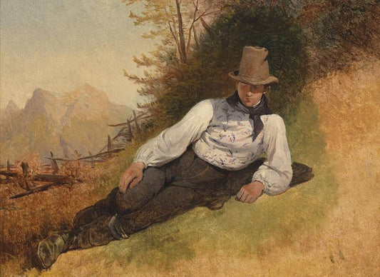Farming Lad Lying in a Meadow, vintage artwork by Friedrich Gauermann, A3 (16x12") Poster Print