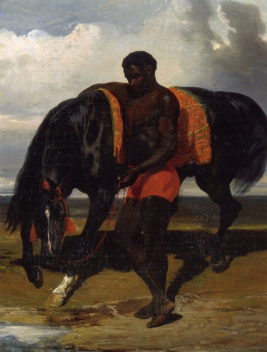 African Tending a Horse by  the Sea, vintage artwork by Alfred de Dreux, A3 (16x12") Poster Print