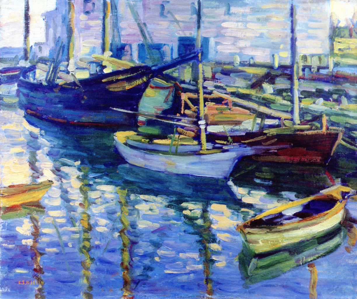 Boats at Dock, vintage artwork by Charles Salis Kaelin, 12x8" (A4) Poster