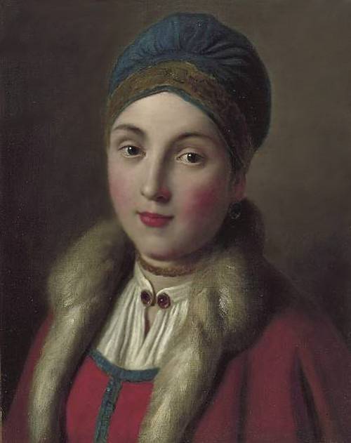 Portrait of a woman in a red coat with fur, vintage artwork by Pietro Antonio Rotari, 12x8" (A4) Poster