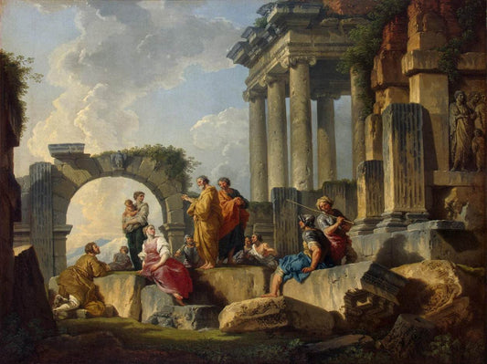 Apostle Paul Preaching on the Ruins, vintage artwork by Giovanni Paolo Panini, 12x8" (A4) Poster