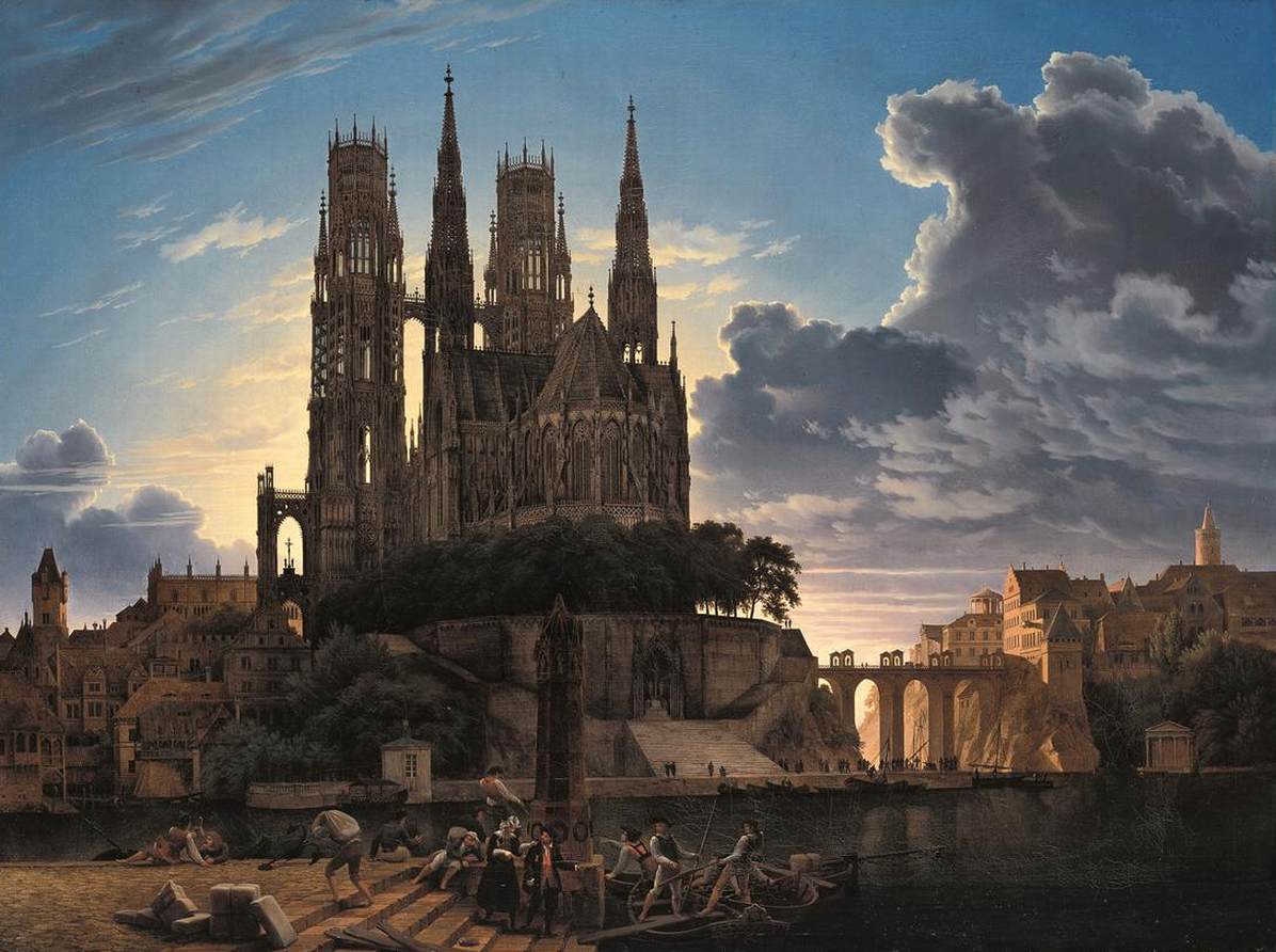 Medieval Town by  Water, vintage artwork by Karl Friedrich Schinkel, 12x8" (A4) Poster