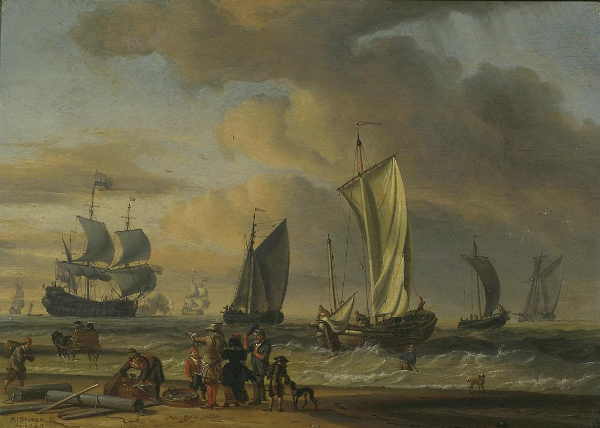 Beach Scene with Ships, vintage artwork by Abraham Jansz. Storck, 12x8" (A4) Poster