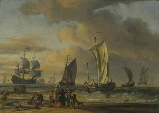 Beach Scene with Ships, vintage artwork by Abraham Jansz. Storck, 12x8" (A4) Poster