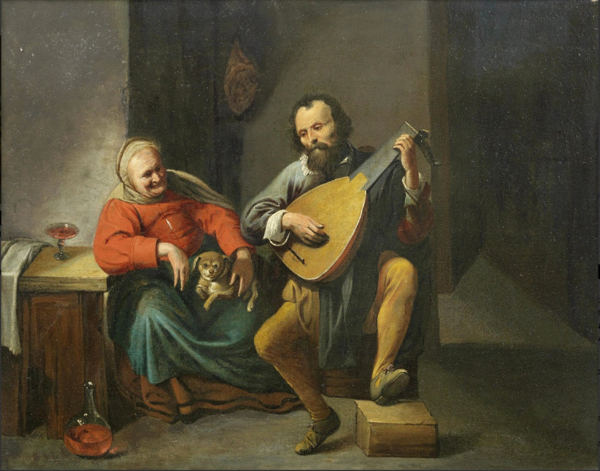 A lute player in an interior, vintage artwork by David Ryckaert III, 12x8" (A4) Poster