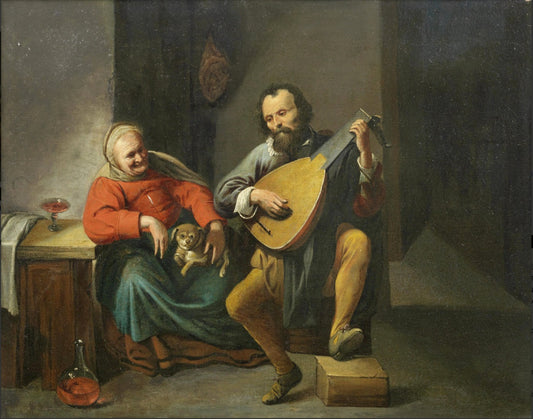 A lute player in an interior, vintage artwork by David Ryckaert III, 12x8" (A4) Poster