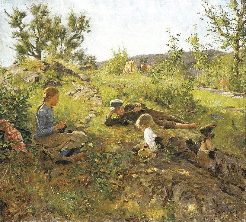 Shepherds at Tåtøy, vintage artwork by Erik Werenskiold, 12x8" (A4) Poster