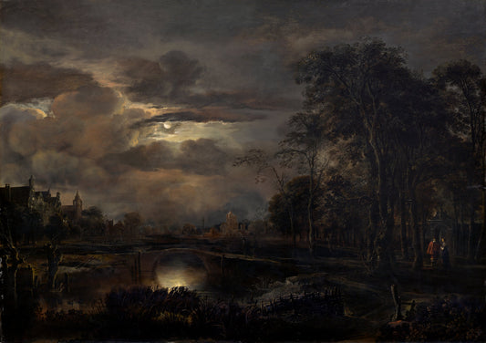 Moonlit Landscape with Bridge, vintage artwork by Aert van der Neer, 12x8" (A4) Poster