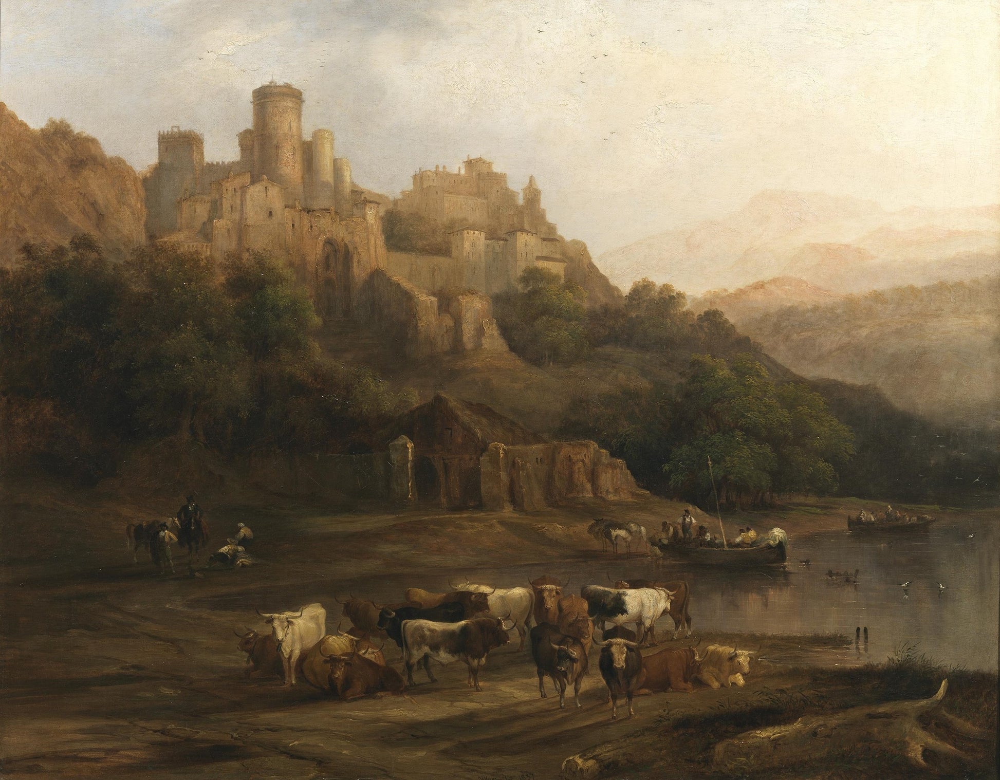 Herd of Bulls by  a River below a Castle, vintage artwork by Genaro Perez Villaamil y Duguet, A3 (16x12") Poster Print
