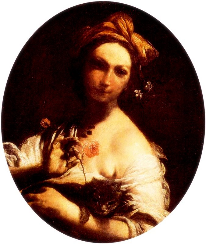 Young Woman with a Pink Cat, vintage artwork by Giuseppe Maria Crespi, 12x8" (A4) Poster