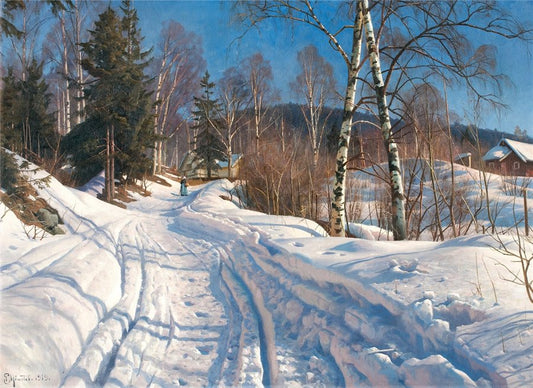 Sunny Winter Landscape, vintage artwork by Peder Mork Mønsted, 12x8" (A4) Poster