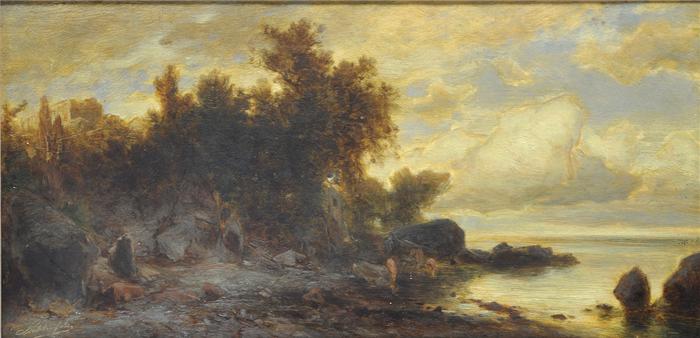 Bathers on the Shore in Twilight, vintage artwork by Eduard Peithner von Lichtenfels, 12x8" (A4) Poster