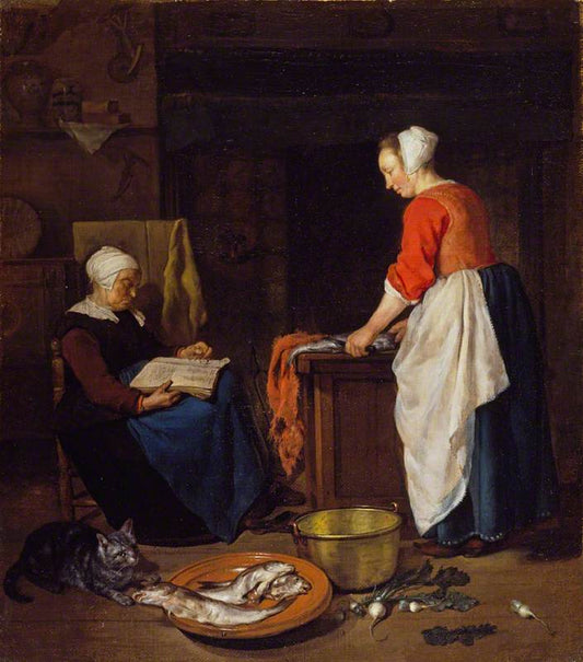 A Kitchen Maid Cleaning Fish and an Old Woman Asleep, vintage artwork by Gabriël Metsu, 12x8" (A4) Poster