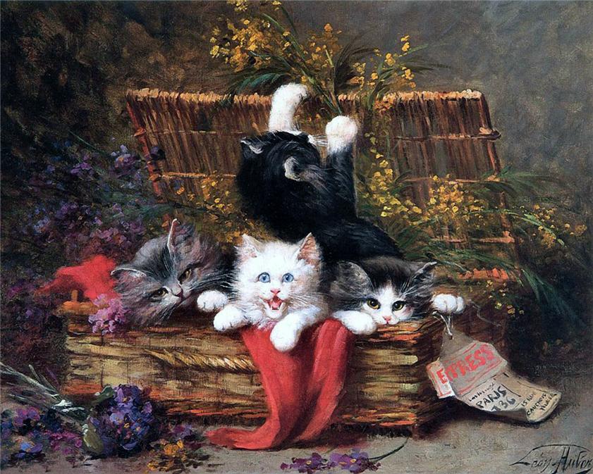 Kittens at Play, vintage artwork by Leon-Charles Huber, 12x8" (A4) Poster