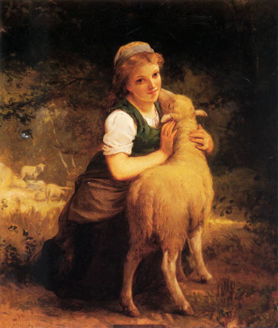 Young Girl with Lamb, vintage artwork by Émile Munier, 12x8" (A4) Poster