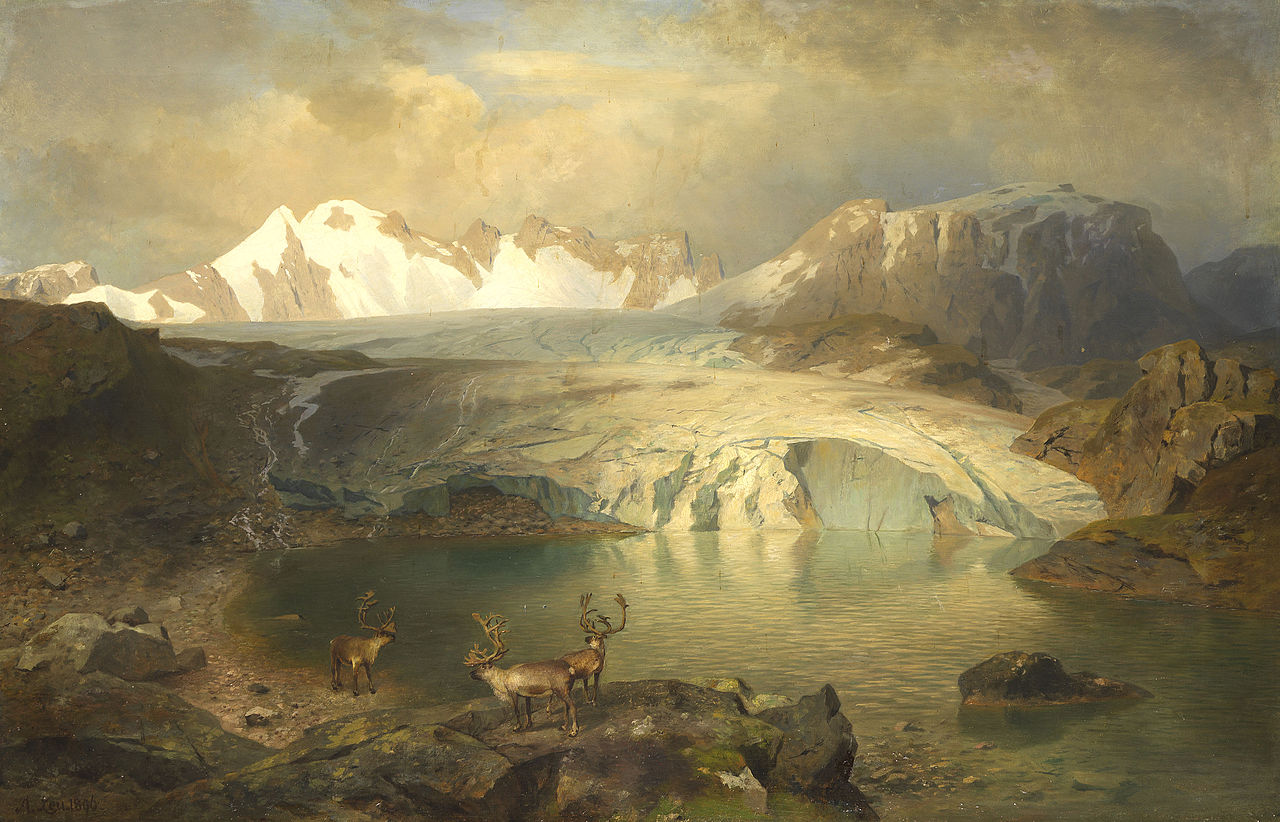 Fjord Landscape with Glacier and Reindeer, vintage artwork by August Wilhelm Leu, A3 (16x12") Poster Print