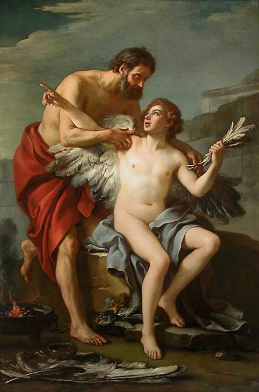 Daedalus Attaching Icarus' Wings, vintage artwork by Joseph Marie Vien, 12x8" (A4) Poster