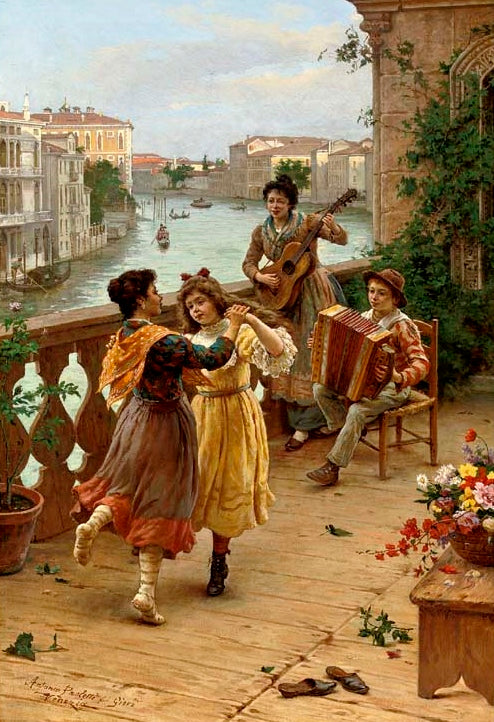 On a Venetian Balcony, vintage artwork by Antonio Paoletti, 12x8" (A4) Poster