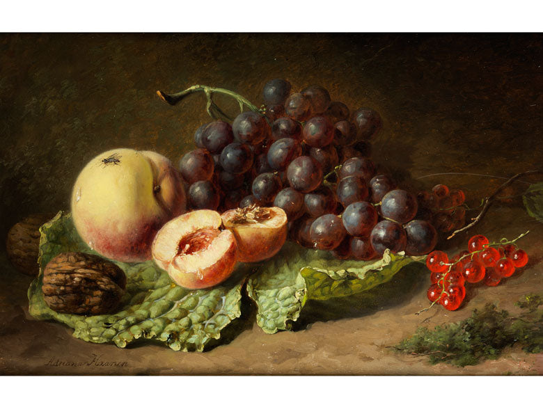 Walnuts, peaches, grapes and blackberries, vintage artwork by Adriana Johanna Haanen, A3 (16x12") Poster Print