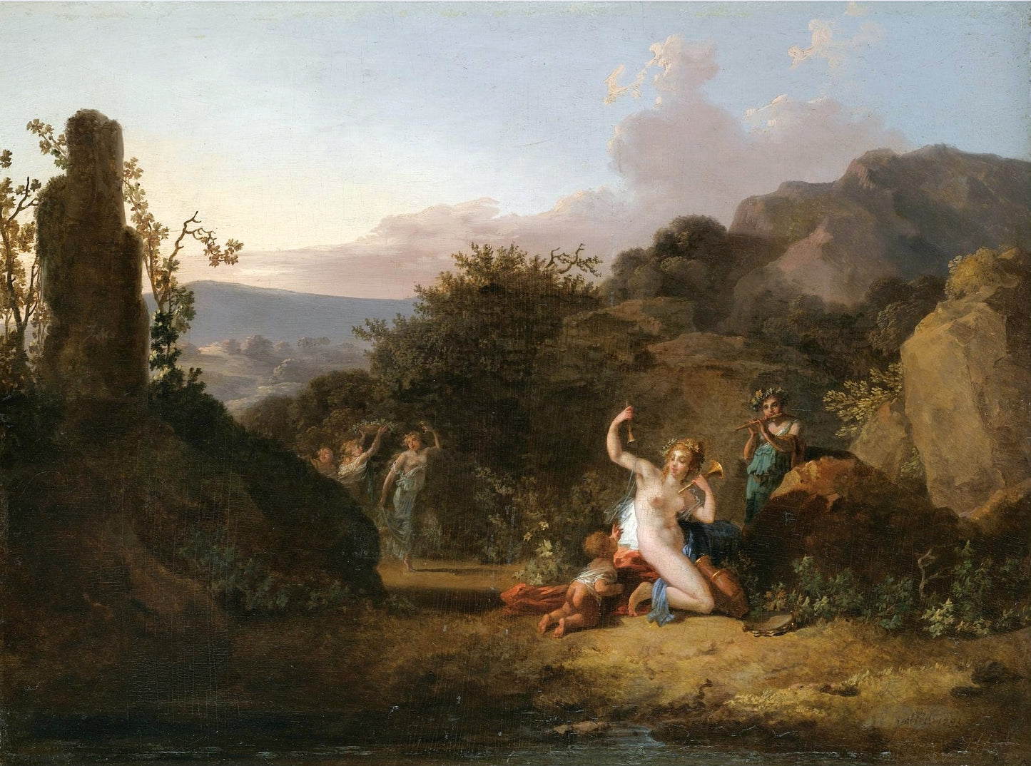 Nymphs Dancing and Playing Music in a Southern Landscape, vintage artwork by Jacques-Antoine Vallin, 12x8" (A4) Poster