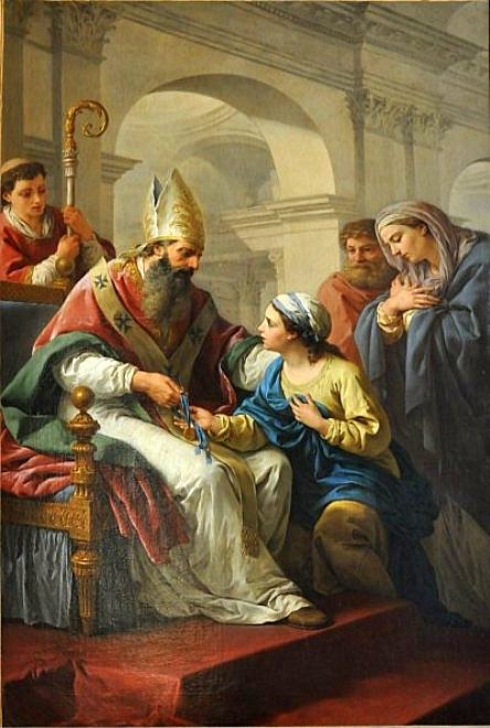 Germanus of Auxerre Giving a Medallion to Genevieve, vintage artwork by Louis Jean François Lagrenee, 12x8" (A4) Poster