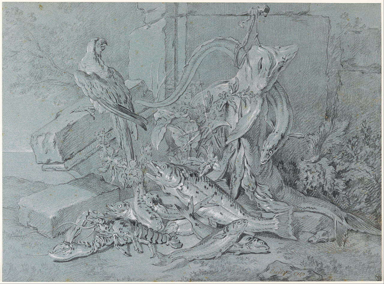Still-life with Fish and Parrot, vintage artwork by Jean-Baptiste Oudry, 12x8" (A4) Poster