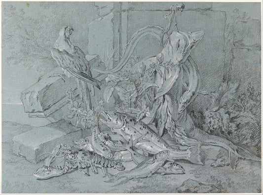 Still-life with Fish and Parrot, vintage artwork by Jean-Baptiste Oudry, 12x8" (A4) Poster