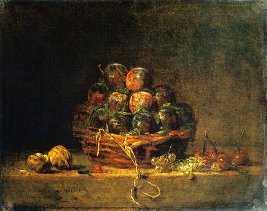 Basket of Plums with Walnuts, Currants and Cherries, vintage artwork by Jean-Baptiste-Simeon Chardin, 12x8" (A4) Poster
