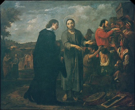Bernat de Quintaval Distributes his Riches to the Poor, vintage artwork by Antoni Viladomat y Manalt, 12x8" (A4) Poster