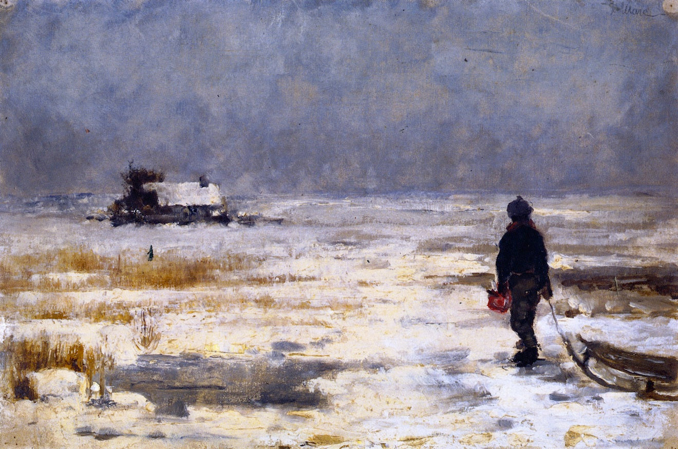 Boy with Sled in a Winter Landscape, vintage artwork by Franz Marc, 12x8" (A4) Poster