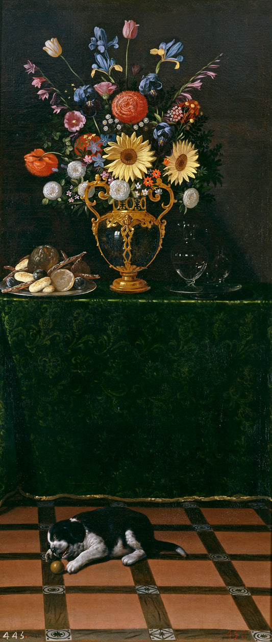 Still Life with Flowers and a Cat (Florero y bodegón con perro), vintage artwork by Juan van der Hamen, 12x8" (A4) Poster
