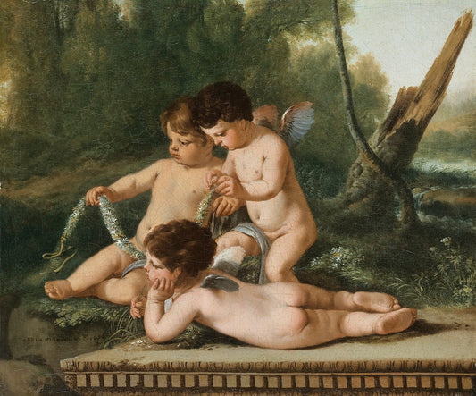 Putti Holding a Garland of Flowers, vintage artwork by Laurent de La Hyre, 12x8" (A4) Poster
