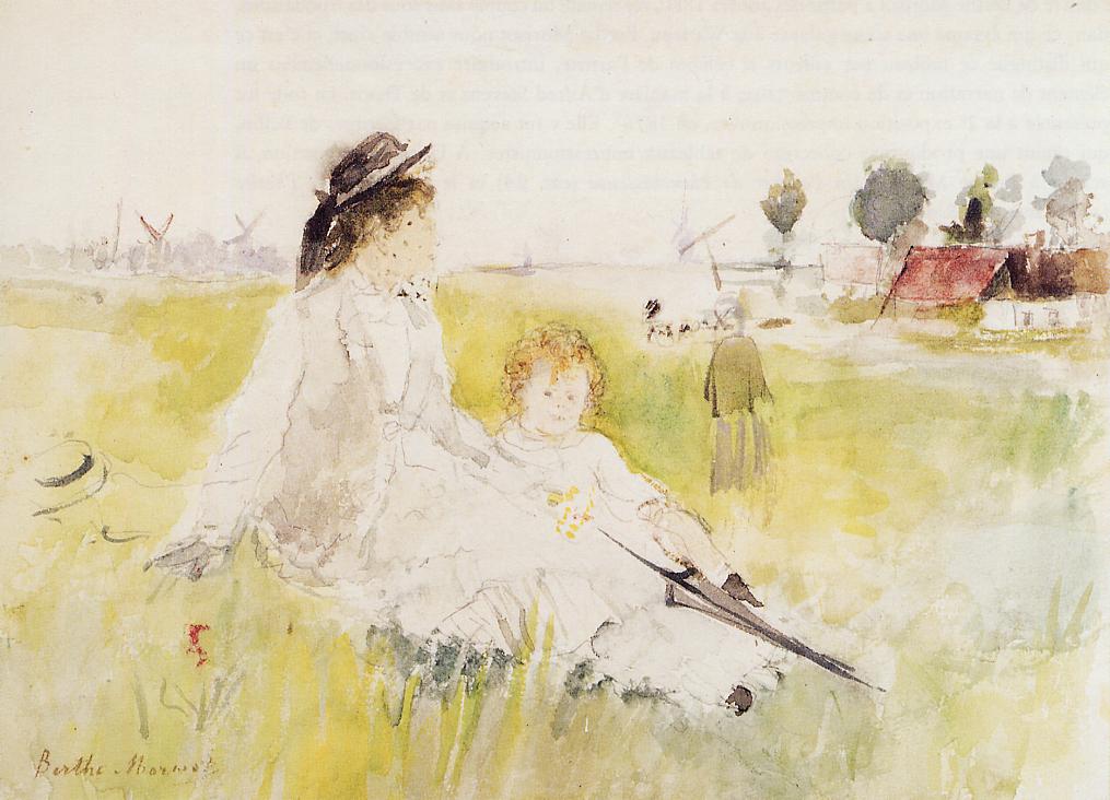 Girl and Child on the Grass, vintage artwork by Berthe Morisot, 12x8" (A4) Poster