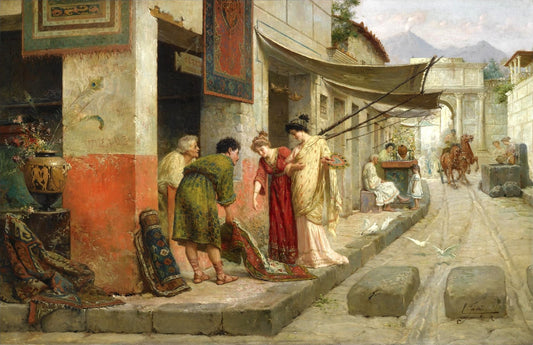 Carpet merchant in Pompeii, vintage artwork by Edouardo Ettore Forti, 12x8" (A4) Poster