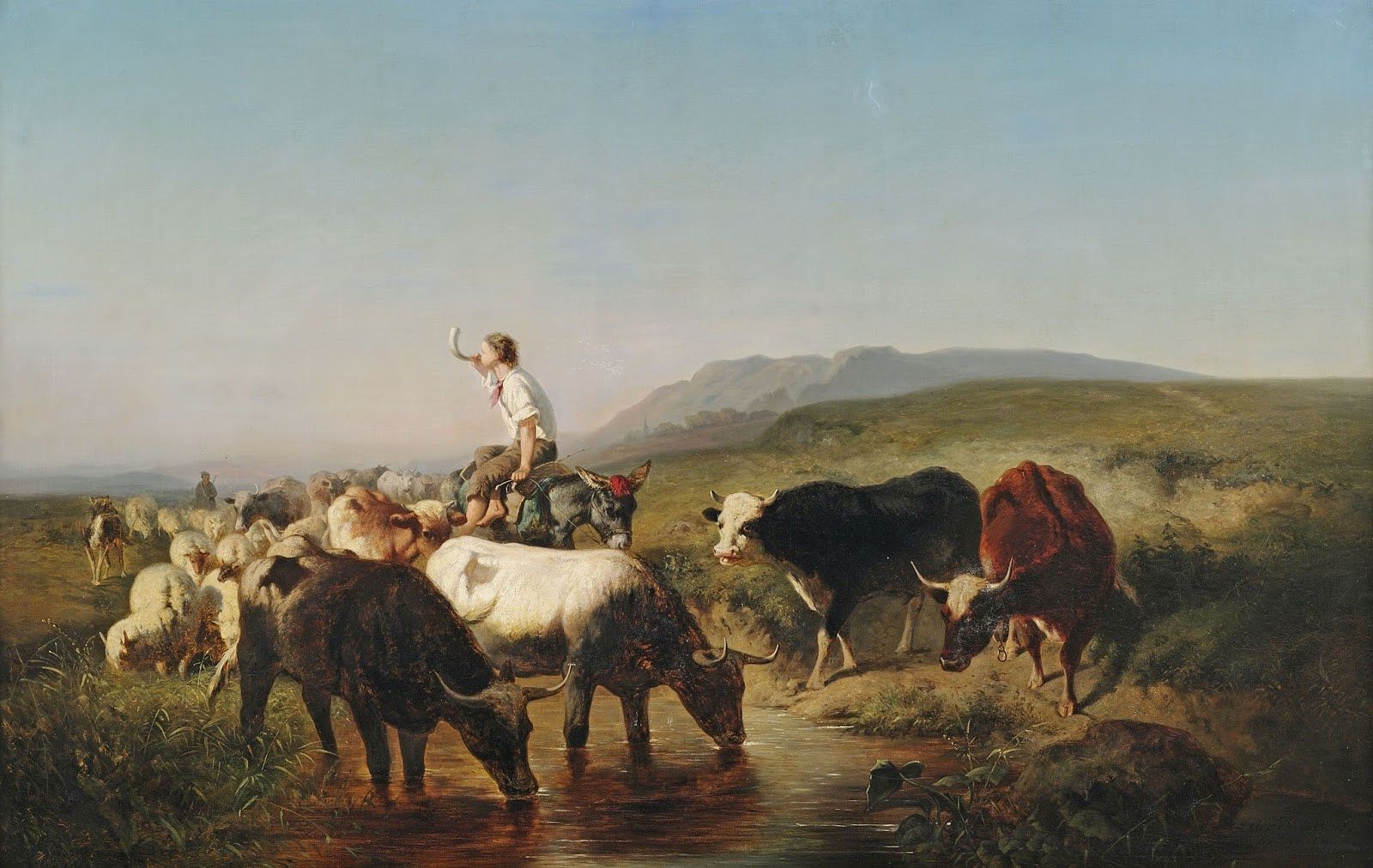 Landscape with Cattle, Sheep and Shepherd Boy, vintage artwork by Adolf Christian Schreyer, 12x8" (A4) Poster