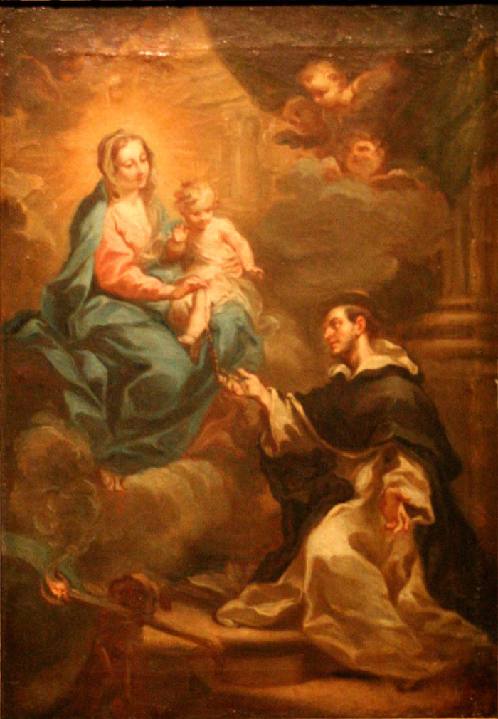 The Virgin giving the rosary to Saint Dominic, vintage artwork by Sebastiano Conca, 12x8