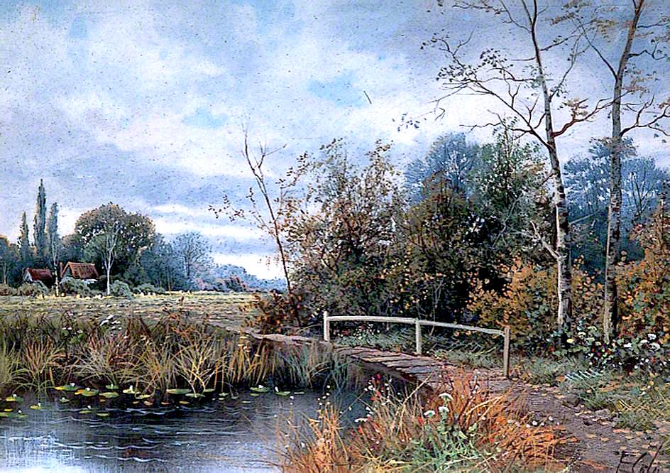 Pastoral Landscape, Stream with a Bridge by Ethel Cole,16x12(A3) Poster