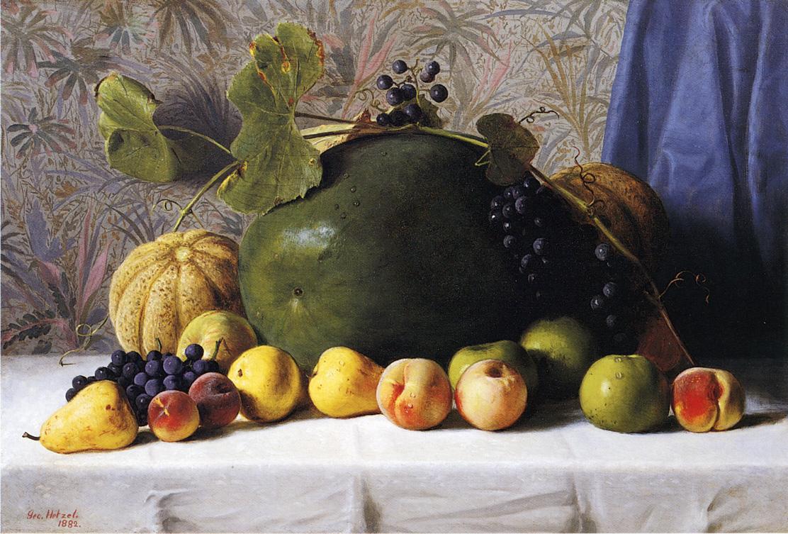 Watermelon, Cantaloupes, Grapes and Apples, vintage artwork by George Hetzel, 12x8" (A4) Poster