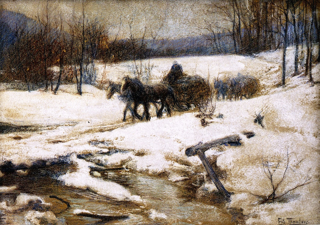 Horse Drawn Carts in Winter, vintage artwork by Fritz Thaulow, 12x8" (A4) Poster