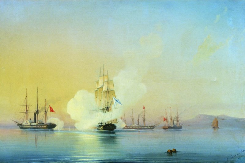 The Battle at Pitsunda Cape, 1853, vintage artwork by Alexei Bogoliubov, 12x8" (A4) Poster