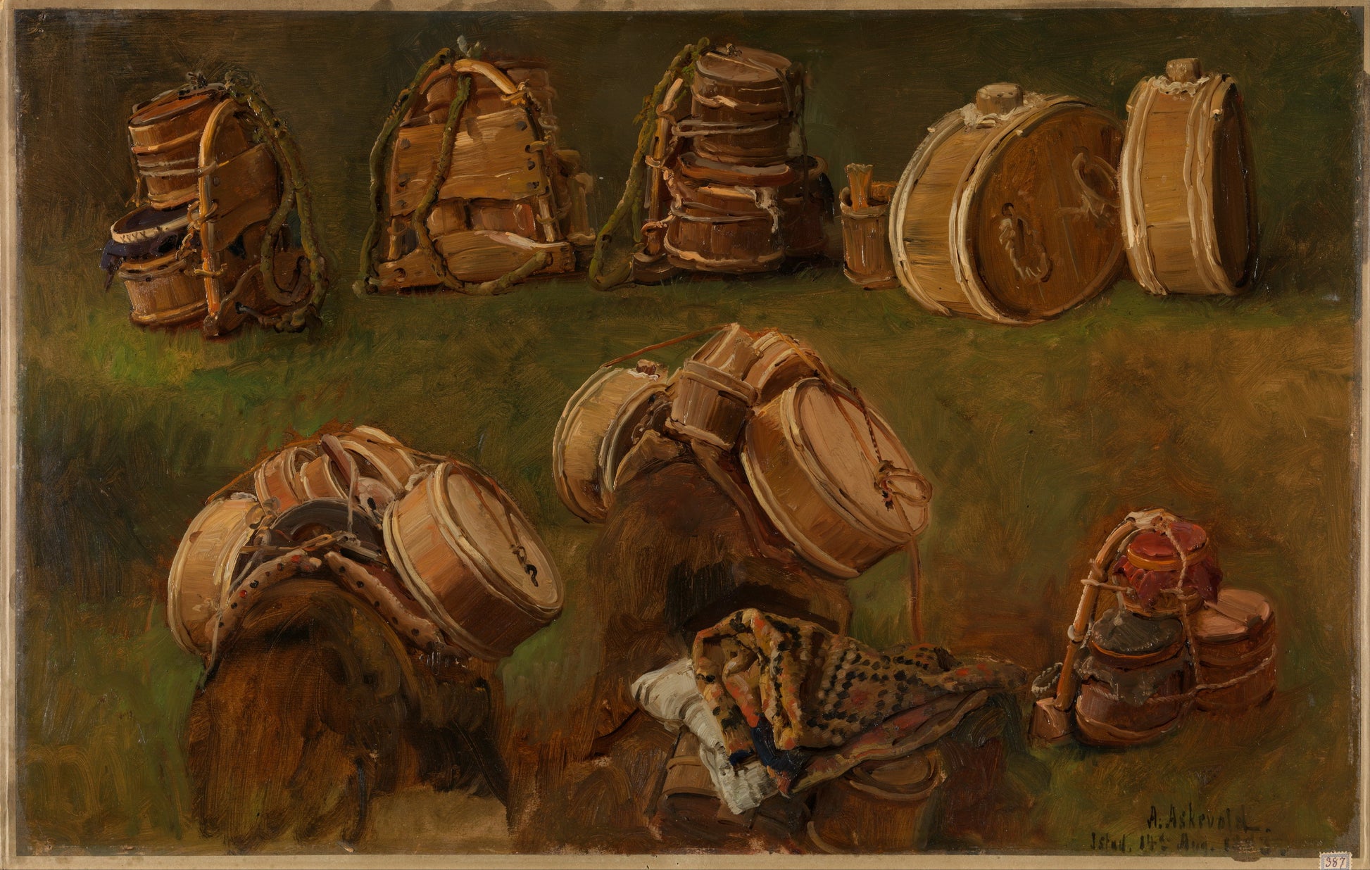 Study of Pack Saddles and Other Objects, vintage artwork by Anders Monsen Askevold, 12x8" (A4) Poster
