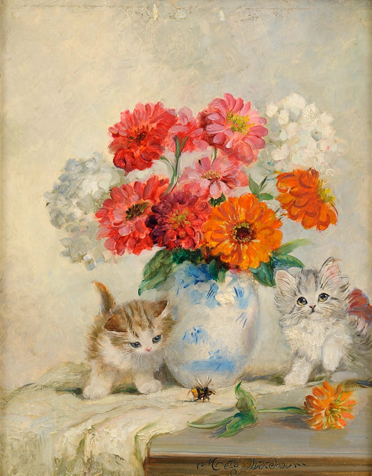 Flowers and Kittens, vintage artwork by Meta Plückebaum, 12x8" (A4) Poster