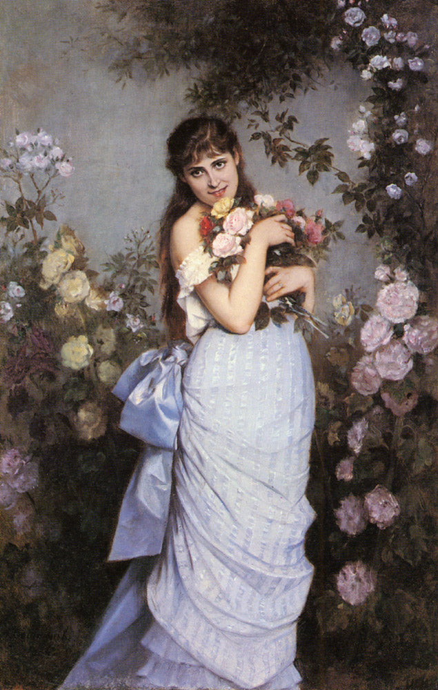 A Young Woman in a Rose Garden, vintage artwork by Auguste Toulmouche, 12x8" (A4) Poster