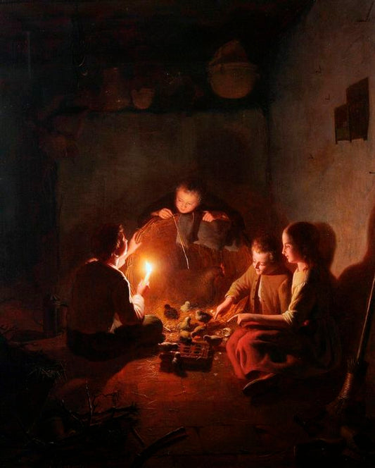 Children with chicks in the barn by  candlelight, vintage artwork by Johannes Rosierse, A3 (16x12") Poster Print