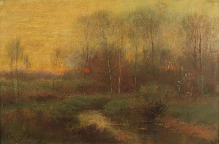 Meandering Stream with Sunset, vintage artwork by Alexander Theobold Van Laer, 12x8" (A4) Poster