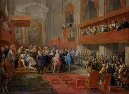 La Remise de l'ordre du Saint-Esprit au prince Vaini par le duc de Saint-Aignan, vintage artwork by Giovanni Paolo Panini, 12x8" (A4) Poster
